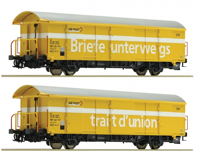 Set of 2 postal freight cars of Swisspost<br /><a href='images/pictures/Roco/230975.jpg' target='_blank'>Full size image</a>